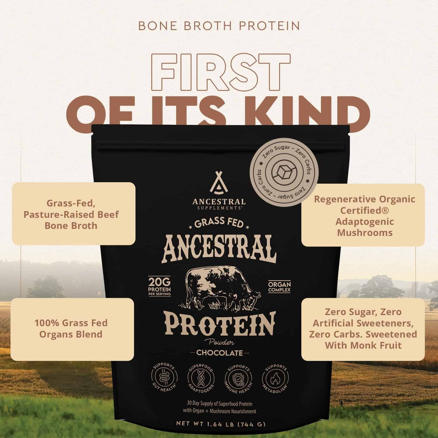 Ancestral Grass-Fed Bone Broth Protein Powder – Chocolate – 20g Protein with Beef Organs & Mushrooms – Gut & Immune Support