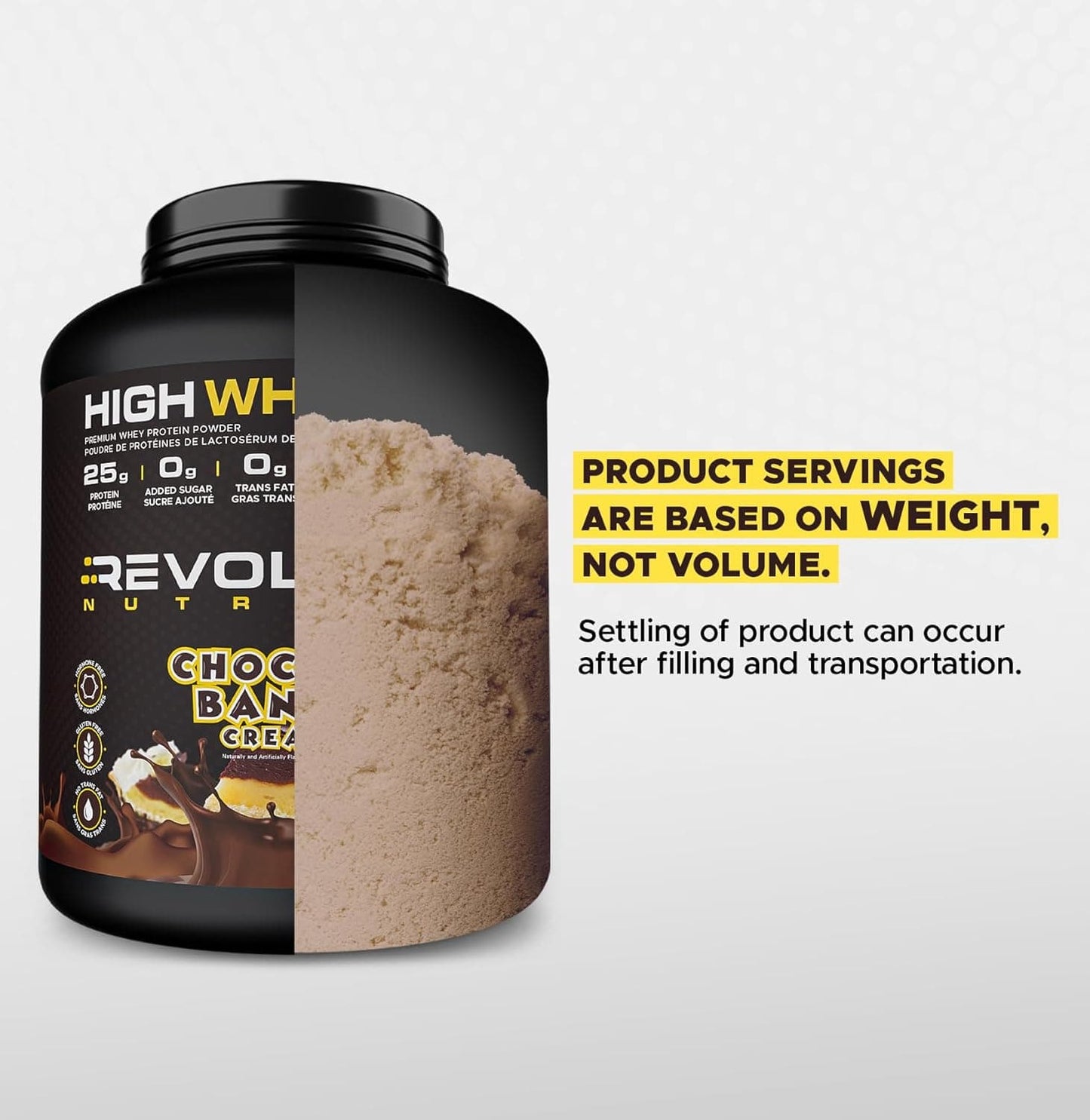 Protein powder container with text about product servings and settling.