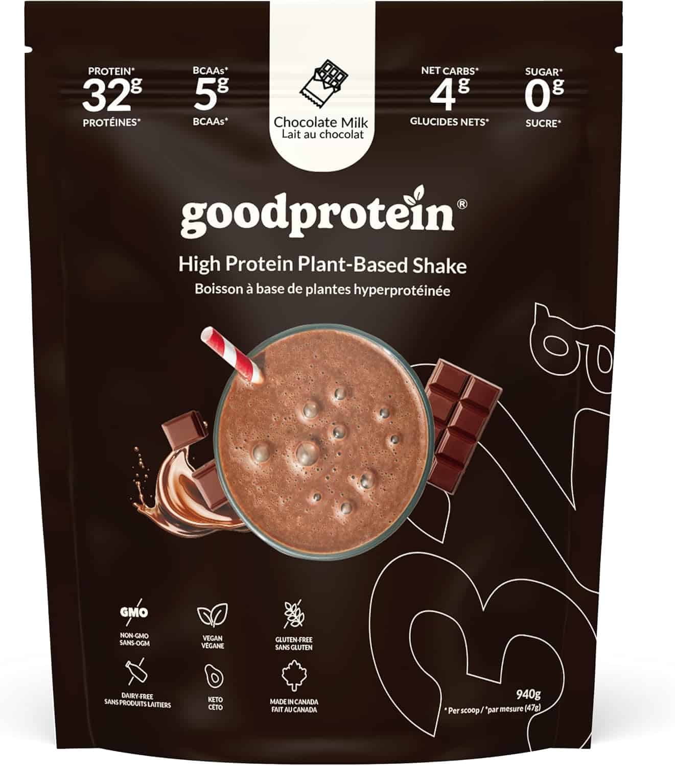 goodprotein high protein plant-based shake package with chocolate milk flavor information