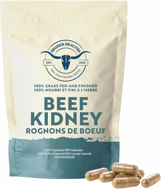 Higher Healths Grass Fed Beef Kidney Capsules – 3000mg per Serving | Freeze-Dried Organ Meat Supplement | Immune, DAO & Kidney Health Support | 180 Capsules | 100% Canadian Sourced FitCore Supply