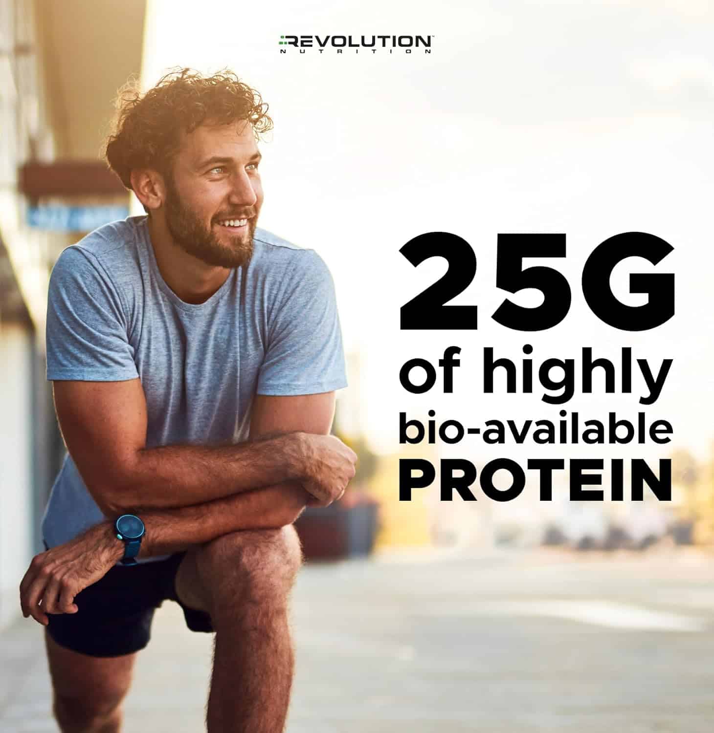 Man sitting outdoors with text about protein content and Revolution brand.