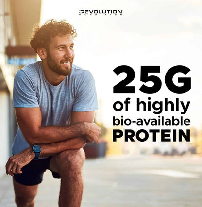 Man sitting outdoors with text about protein content and Revolution brand.