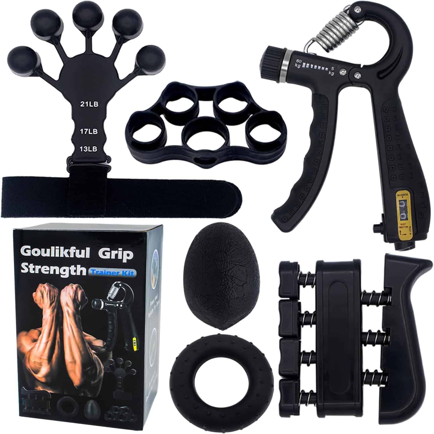 6-Pack Finger Strengthener & Grip Trainer Kit – Adjustable Hand Grip, Forearm Strengthener, Stress Relief Ball & Grip Rings for Home Workout, Muscle Training & Rehabilitation FitCore Supply