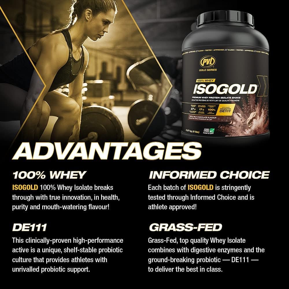 ISOGOLD protein supplement container with athlete lifting weights in gym setting