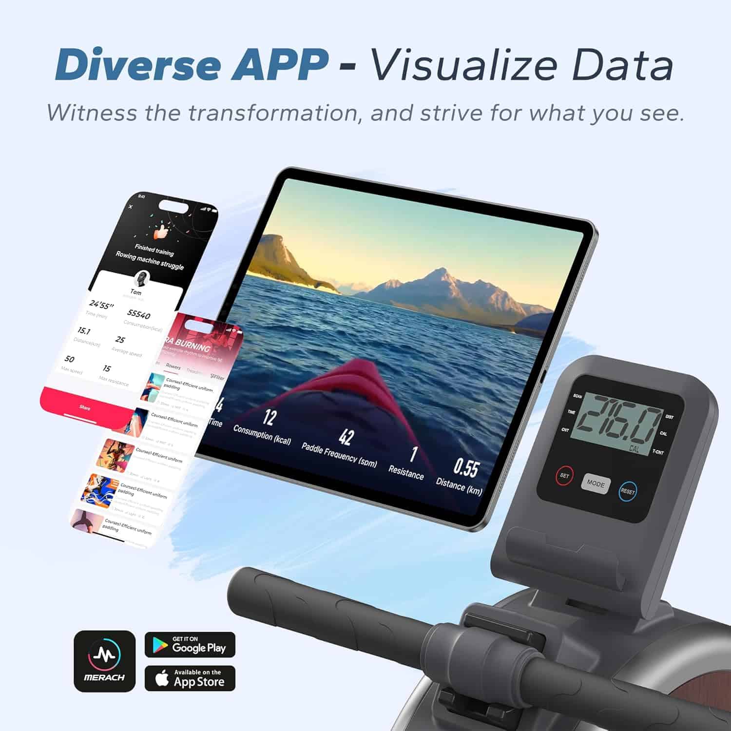 Bluetooth magnetic rower with app for virtual rowing workouts