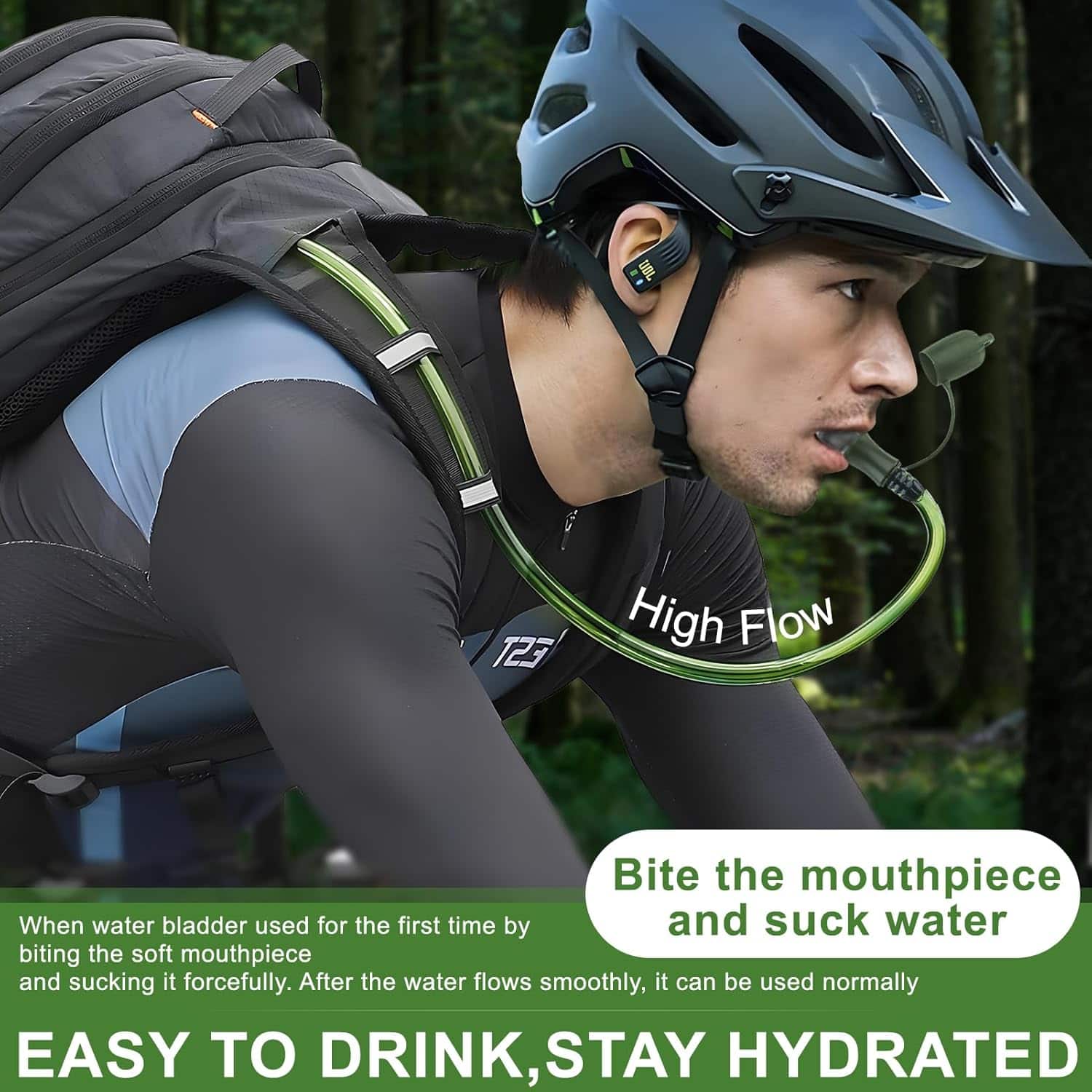 Person wearing a helmet with a water bladder system in a forest setting