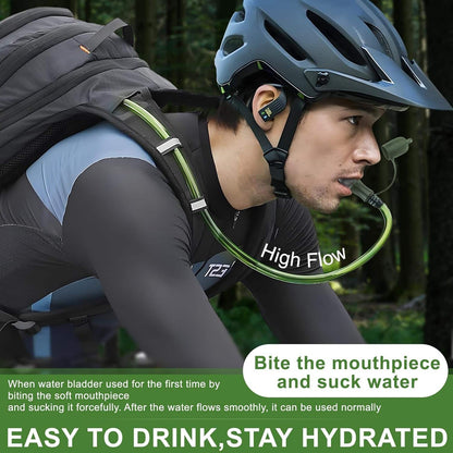 Person wearing a helmet with a water bladder system in a forest setting
