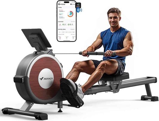 Man using a rowing machine with a smartphone app displayed on screen