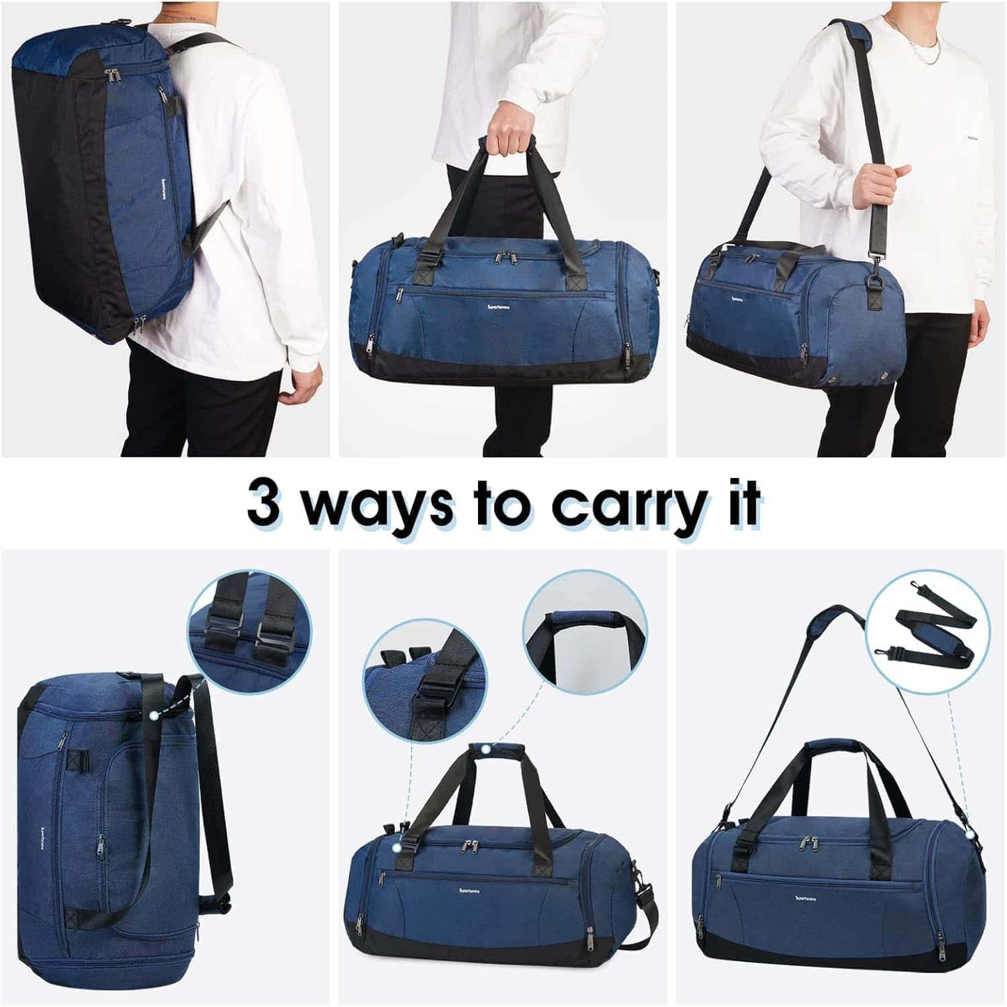 Blue duffel bag shown in various carrying methods with text '3 ways to carry it'.