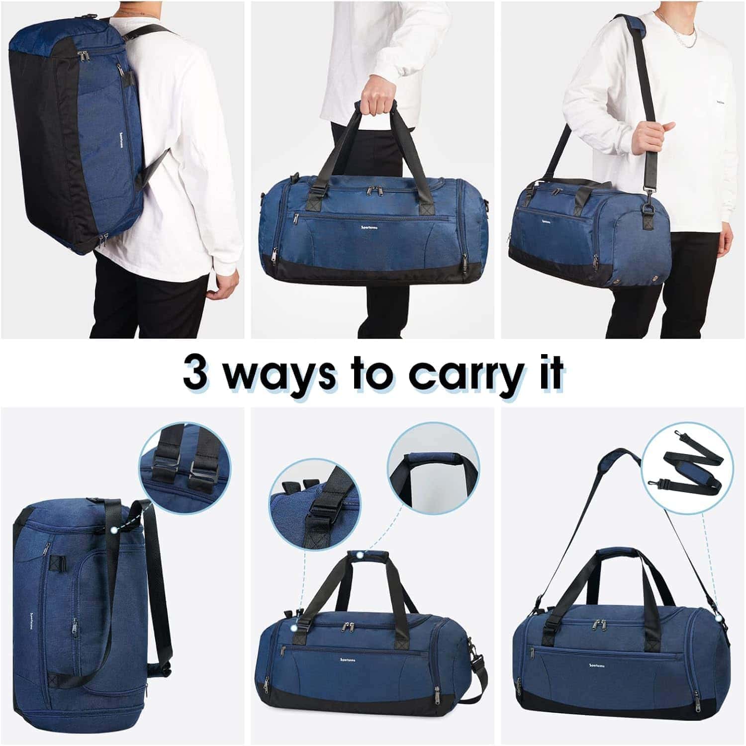 Blue duffel bag shown in various carrying methods with text '3 ways to carry it'.