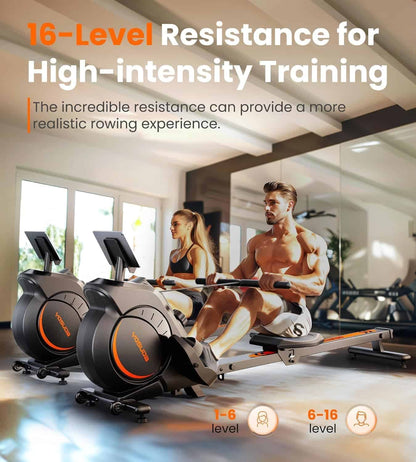 Two people using rowing machines with text about resistance levels in a gym setting.