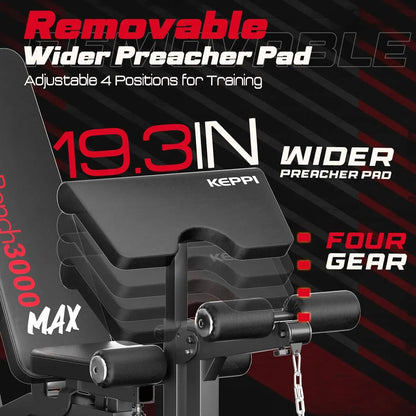 KeppiFitness Adjustable Weight Bench 3000 MAX – Heavy-Duty Bench Press with Leg Extension & Preacher Pad