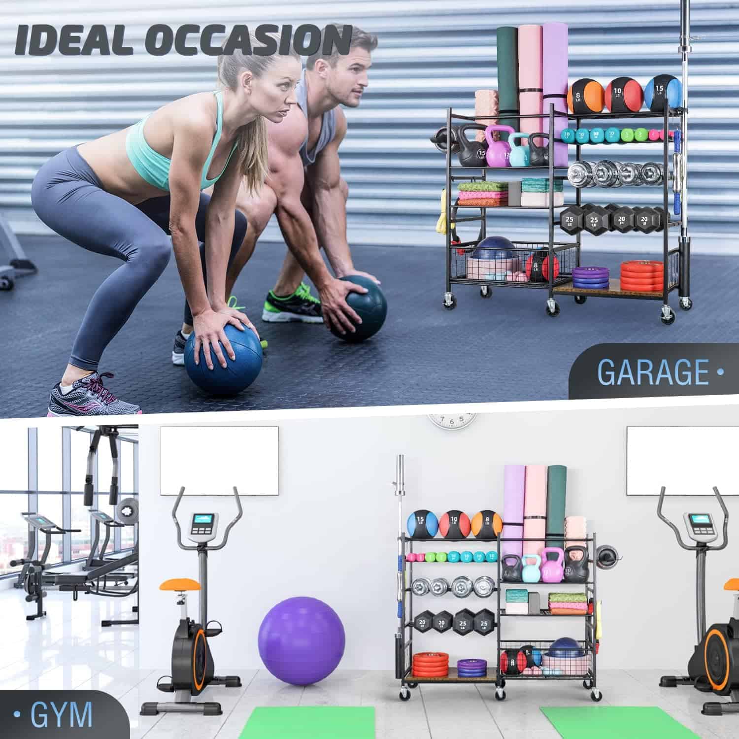 PLKOW All-in-One Home Gym Storage Rack – Dumbbell & Barbell Organizer with Hooks, Wheels, Yoga Mat Holder (550 lb Capacity)