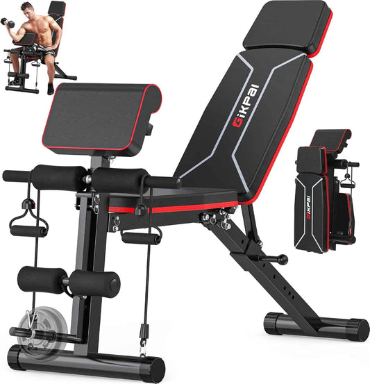 GIKPAL Adjustable Weight Bench – Foldable Incline/Decline Workout Bench w/ Leg Extension, Preacher Pad & Headrest | 770 lbs Capacity for Full Body Training GIKPAL