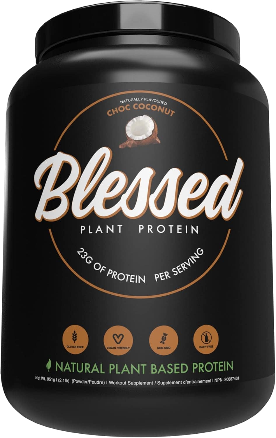 Black container of Blessed plant protein with branding and nutritional information.