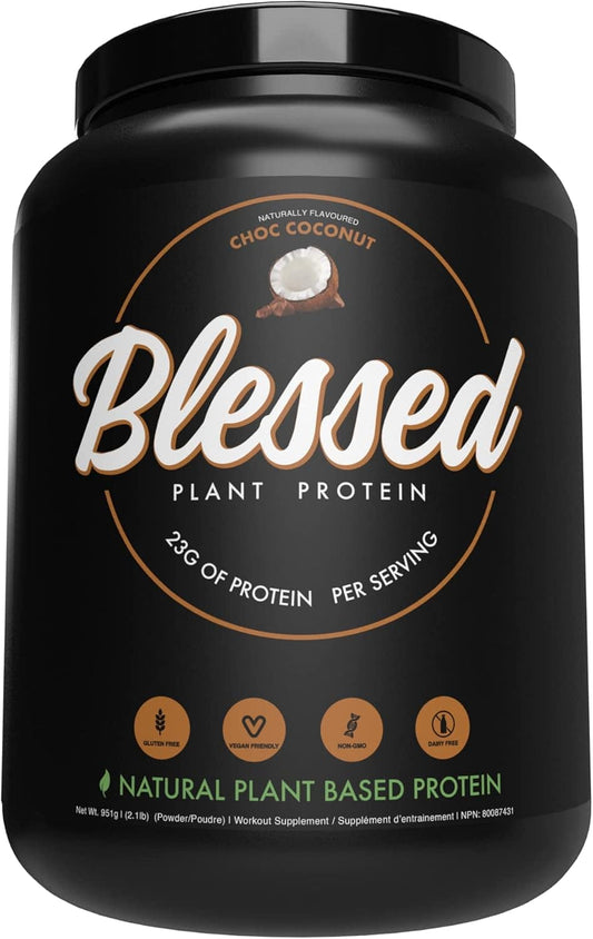 Black container of Blessed plant protein with branding and nutritional information.