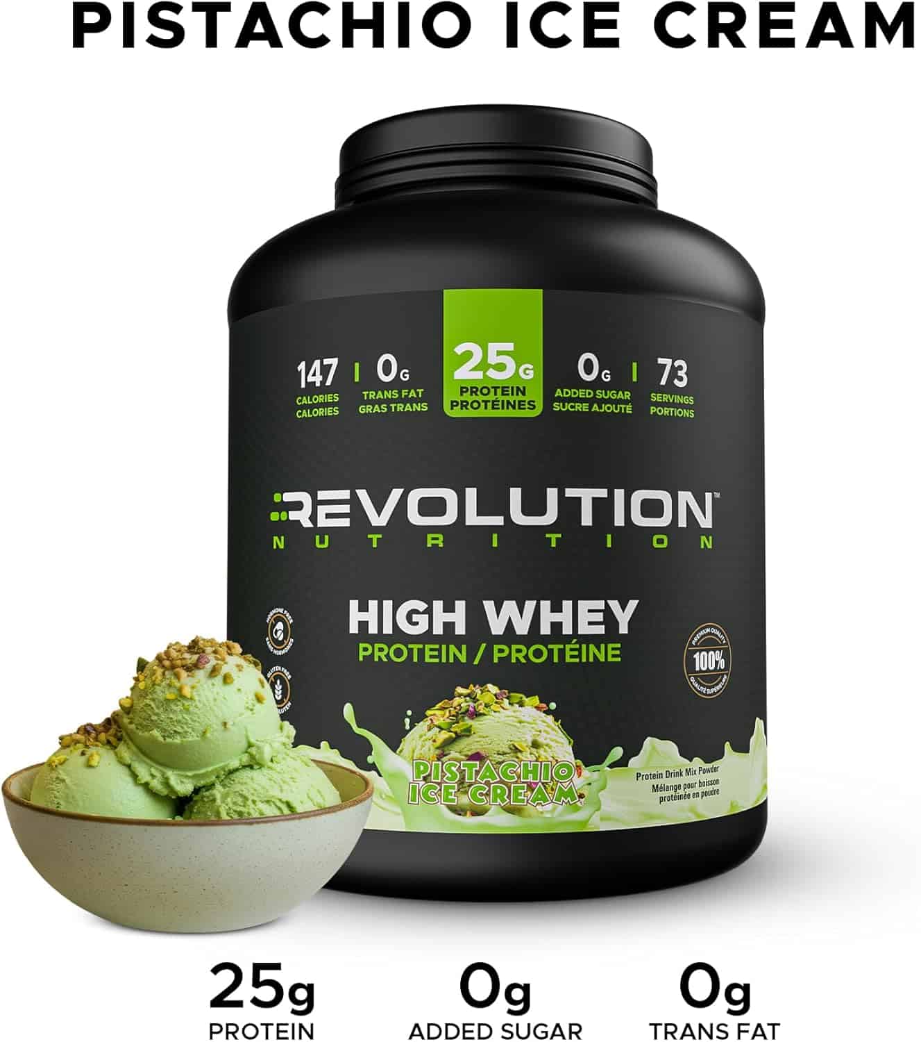 Revolution Nutrition High Whey Protein container with pistachio ice cream and nutritional information.