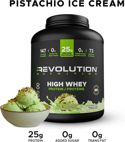 Revolution Nutrition High Whey Protein container with pistachio ice cream and nutritional information.