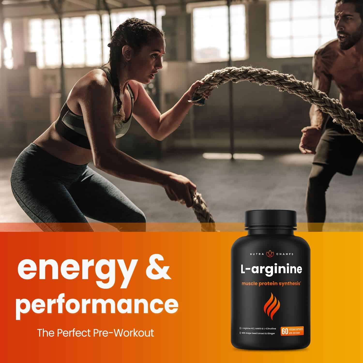 L Arginine Supplement with L-Citrulline – 5-in-1 Nitric Oxide Booster with Grape Seed & Ginger for Blood Flow, Energy & Heart Health – 60 Vegan Capsules by NutraChamps NutraChamps