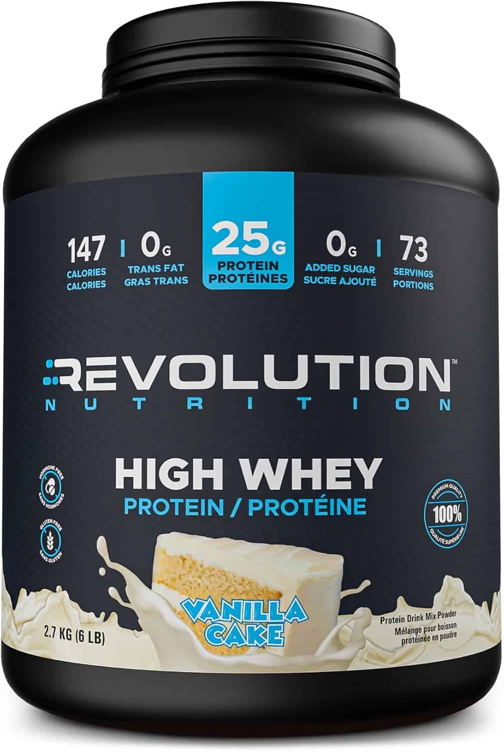 Protein powder container with Revolution Nutrition branding on a white background