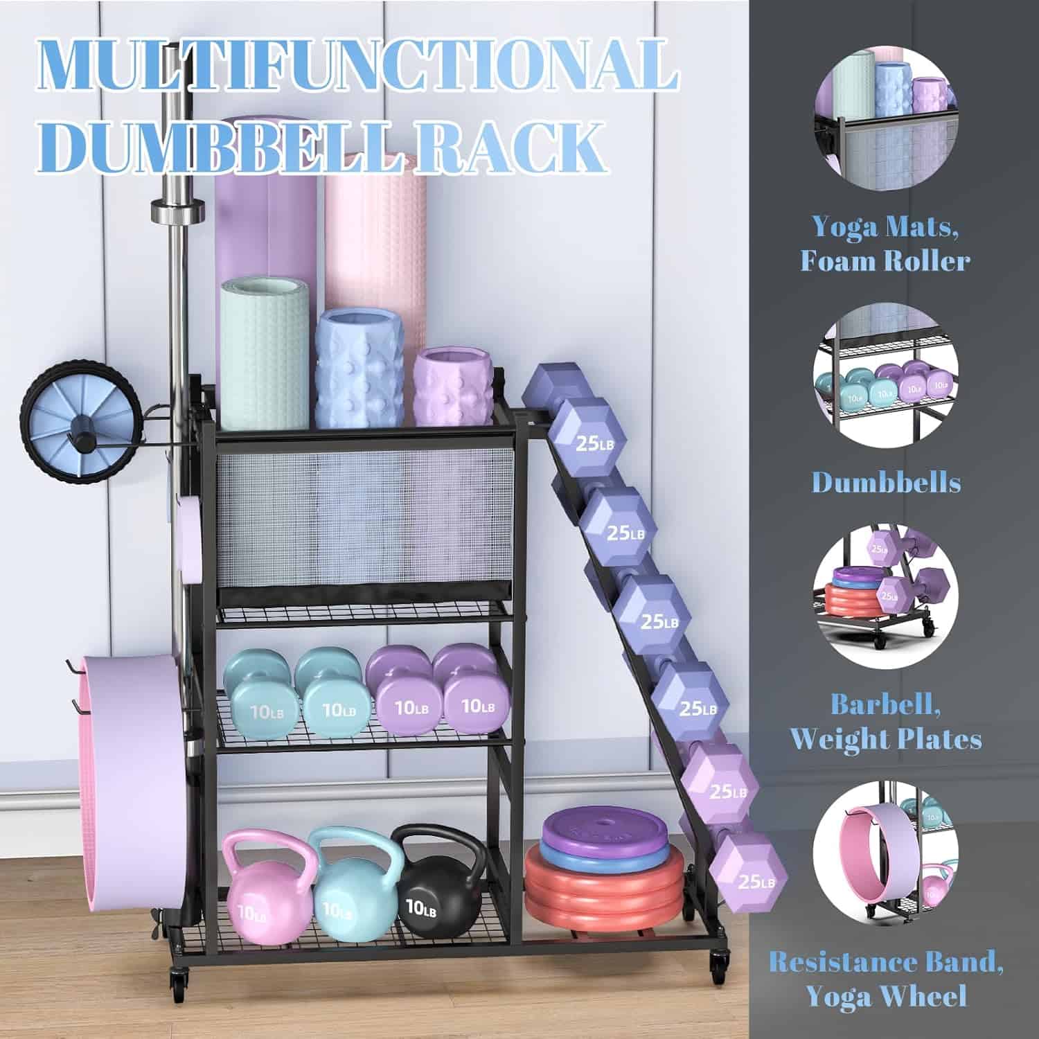 PLKOW All-in-One Home Gym Storage Rack – Dumbbell & Barbell Organizer with Hooks, Wheels, Yoga Mat Holder (550 lb Capacity)