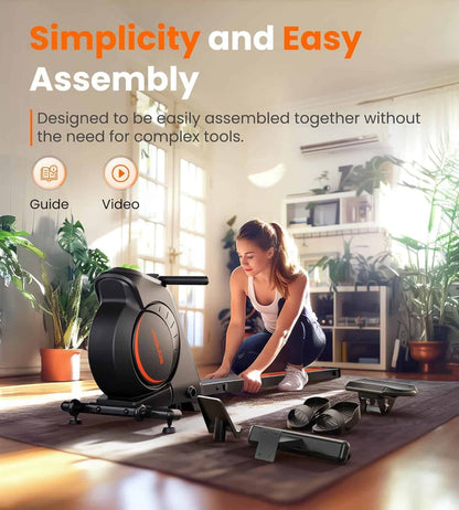 Woman assembling a piece of exercise equipment in a home setting with text about simplicity and easy assembly.
