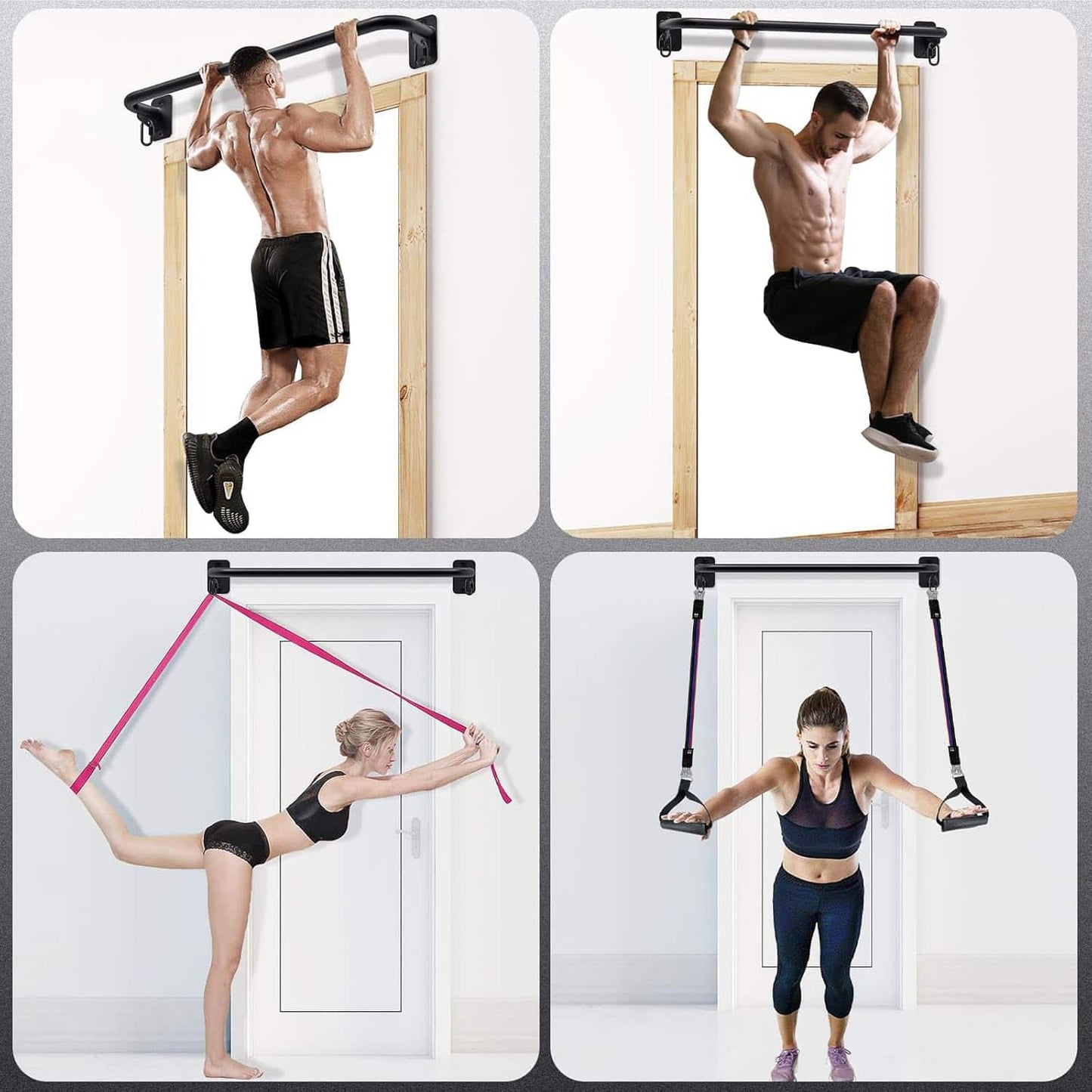 Four panels showing people using a pull-up bar and resistance bands for fitness.