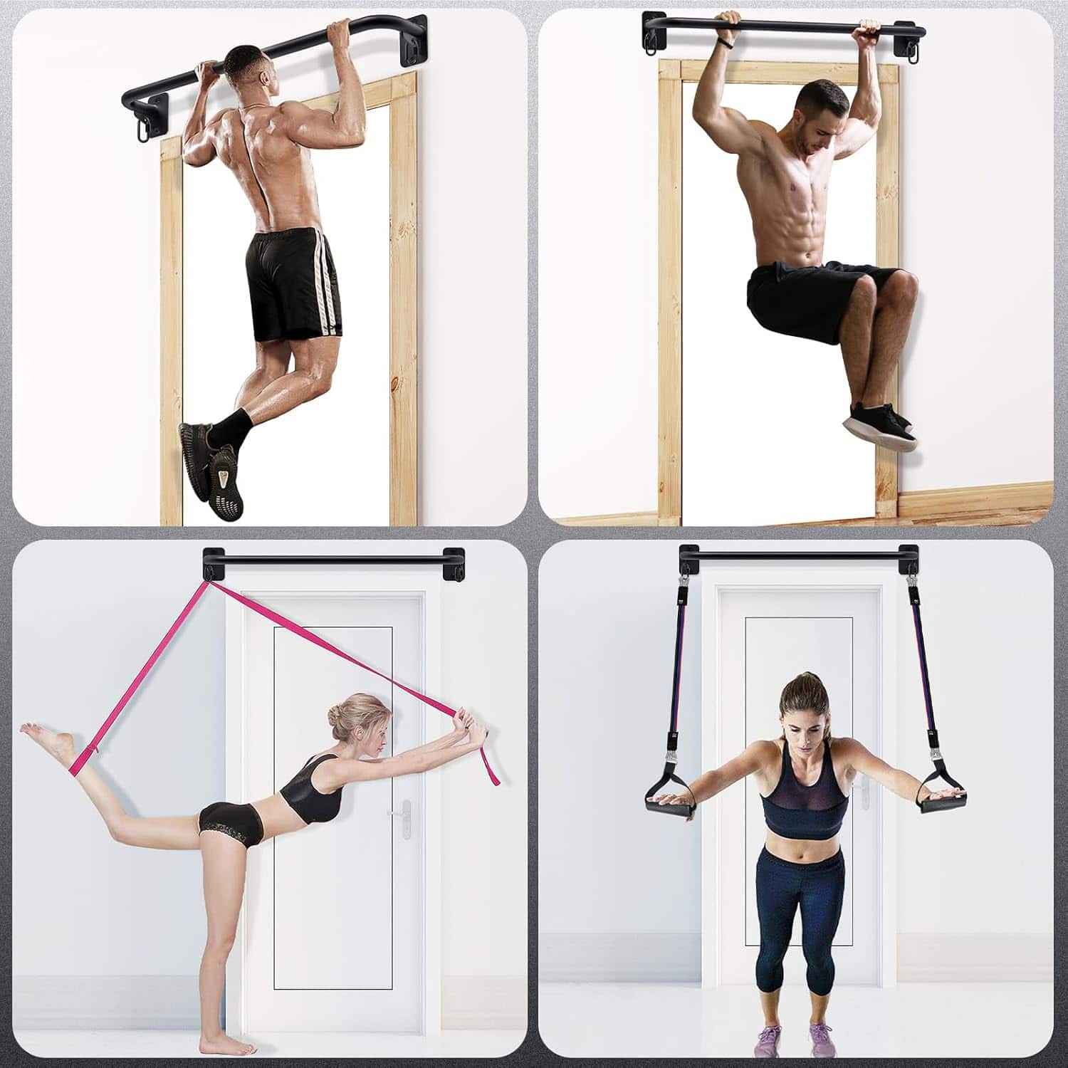 Four panels showing people using a pull-up bar and resistance bands for fitness.