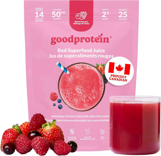 goodprotein Red Superfood Juice packaging with a glass of juice and berries on a white background