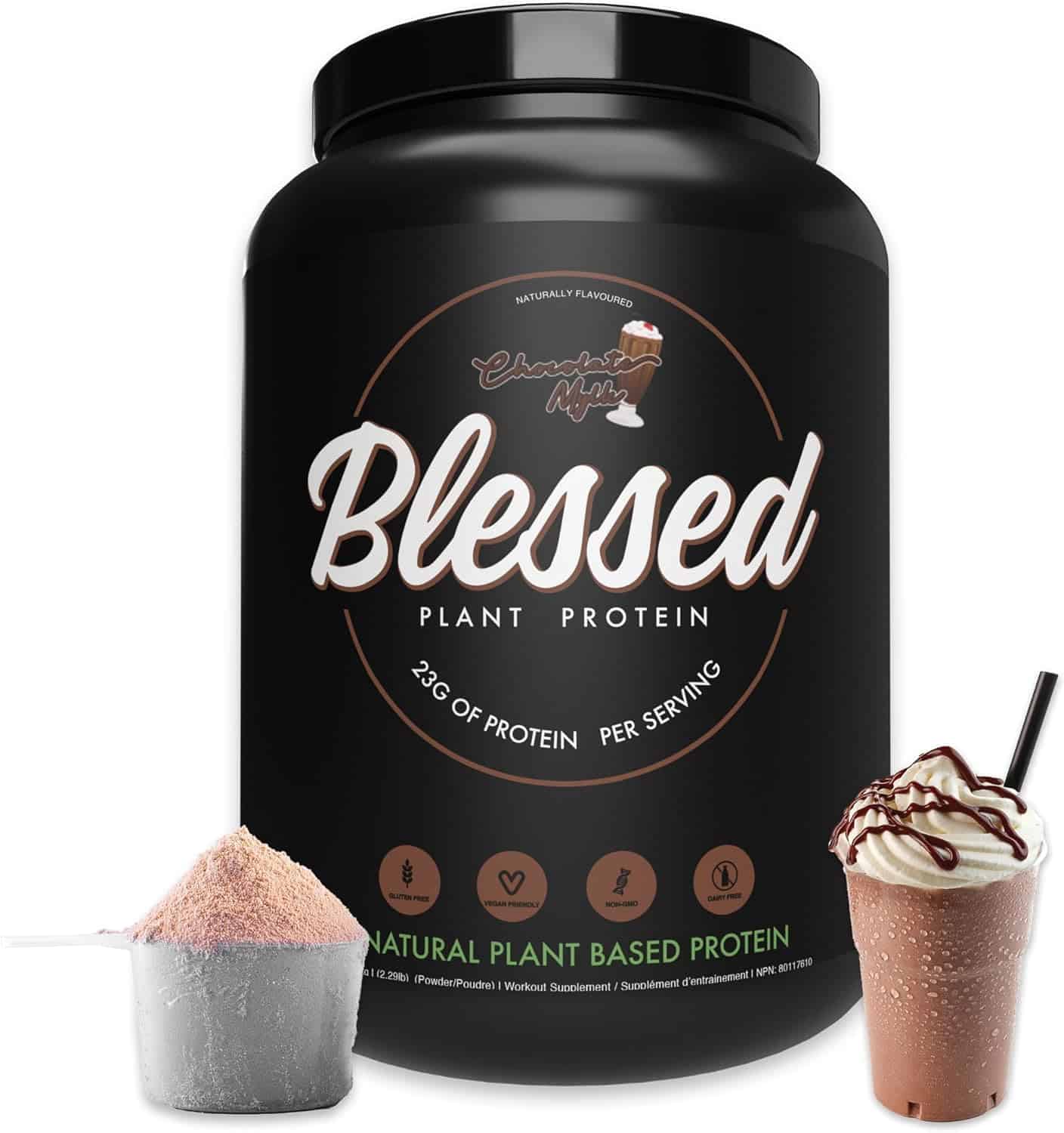 Black container of 'Blessed Plant Protein' with a scoop of protein powder and a chocolate shake.