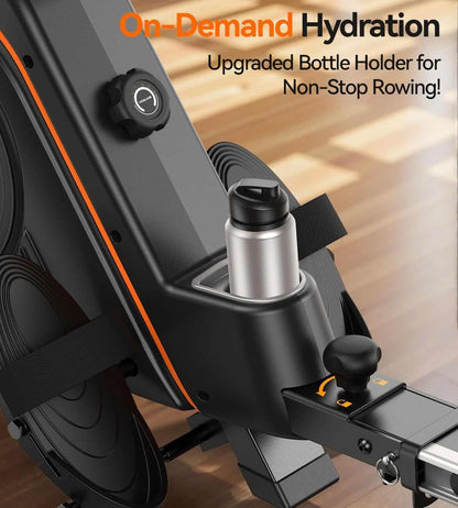 Bottle holder for rowing machines with 'On-Demand Hydration' text on a wooden floor background.