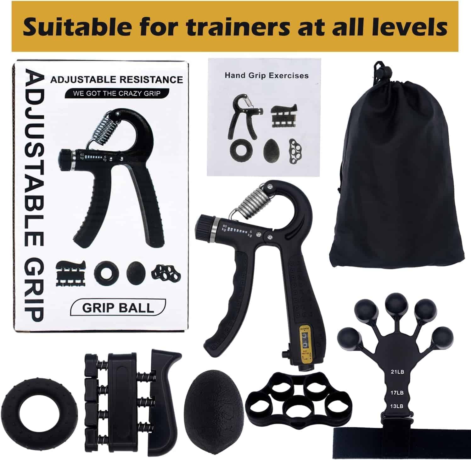 6-Pack Finger Strengthener & Grip Trainer Kit – Adjustable Hand Grip, Forearm Strengthener, Stress Relief Ball & Grip Rings for Home Workout, Muscle Training & Rehabilitation FitCore Supply