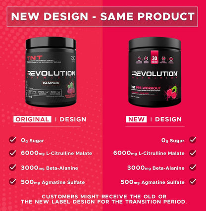 Comparison of Revolution Nutrition pre-workout supplement containers with original and new designs on a red background.