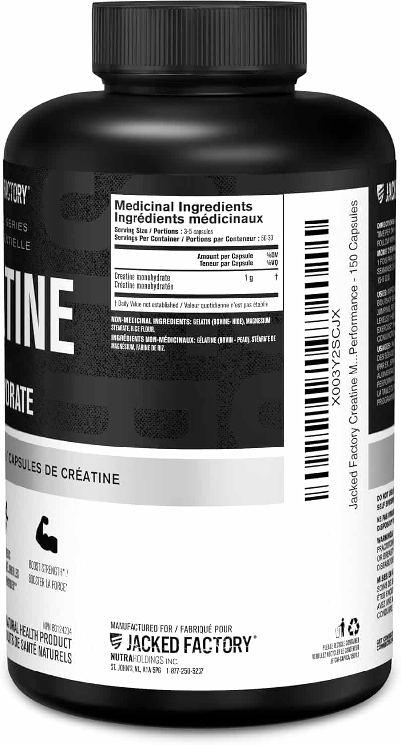 Jacked Factory Creatine Monohydrate Capsules – 1000mg Per Capsule | Muscle Growth, Strength & Performance | 150 Pills | Canadian-Owned Workout Supplement Jacked Factory