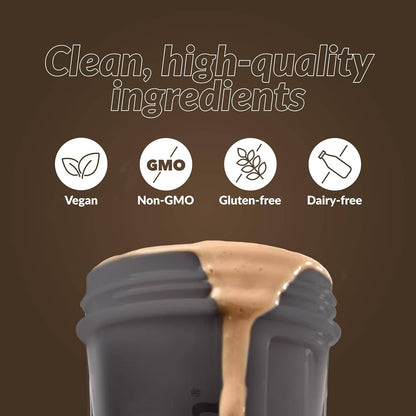 Container of a brown substance with 'Clean, high-quality ingredients' text and icons on a brown background