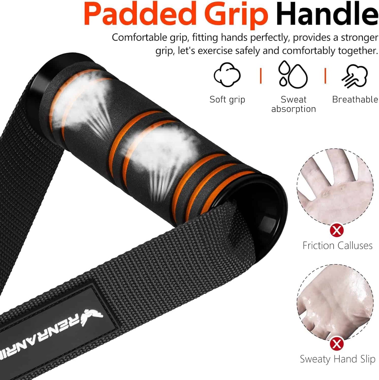 Padded grip handle with features highlighted on a white background