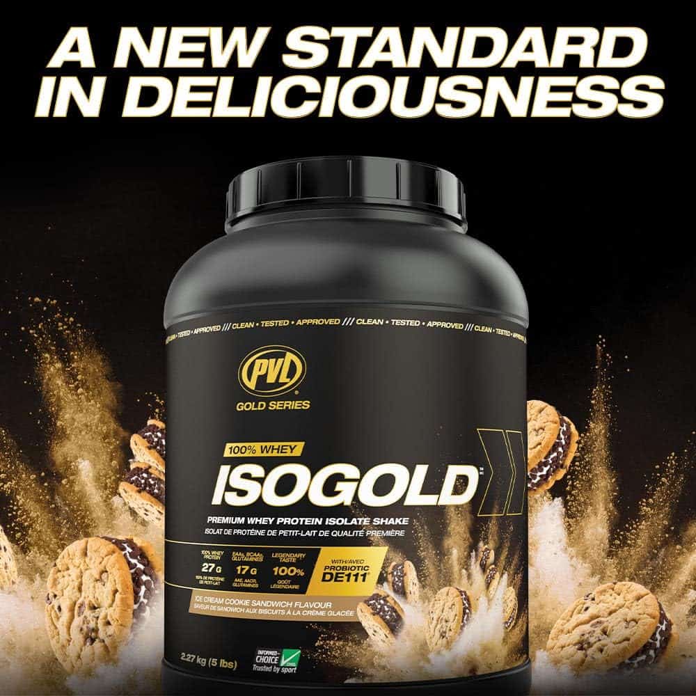 ISOGOLD protein powder container with cookies in the background and text 'A New Standard in Deliciousness' on a black background.