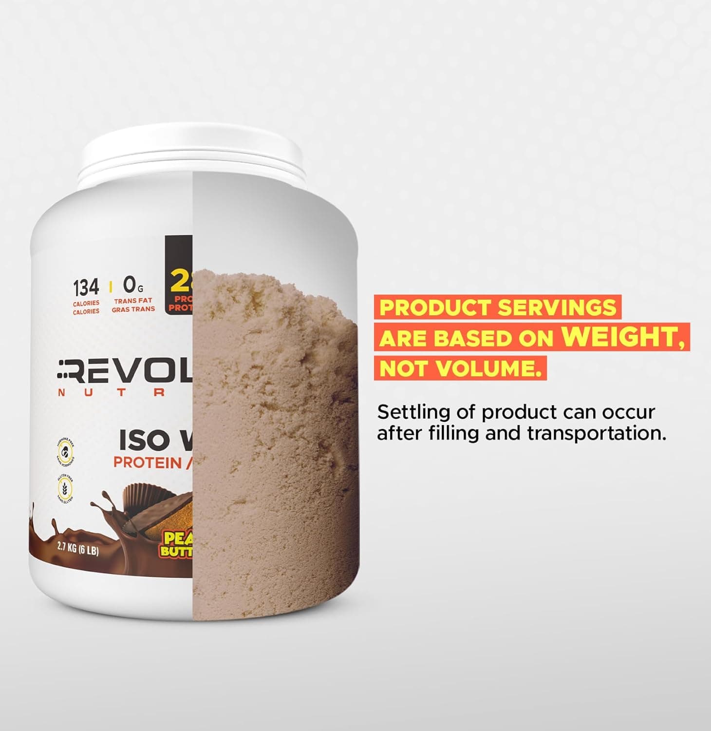 Protein powder container with visible text and branding on a white background