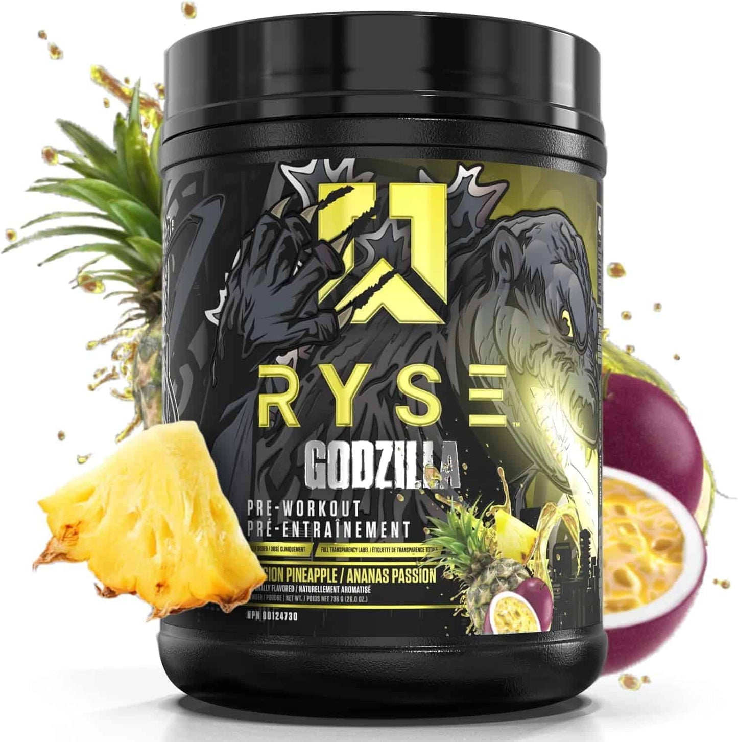 Ryse pre-workout supplement container with pineapple and passion fruit on a white background