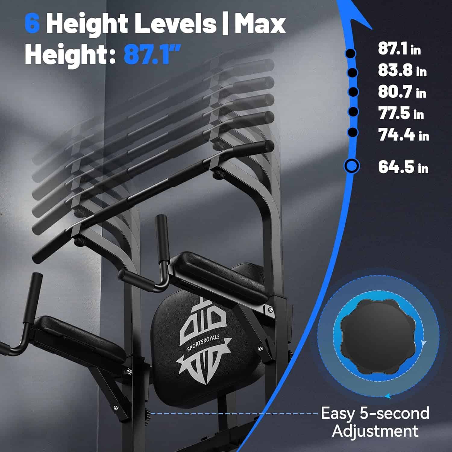 Gym pull-up bar with height adjustment feature and Sportstech branding.