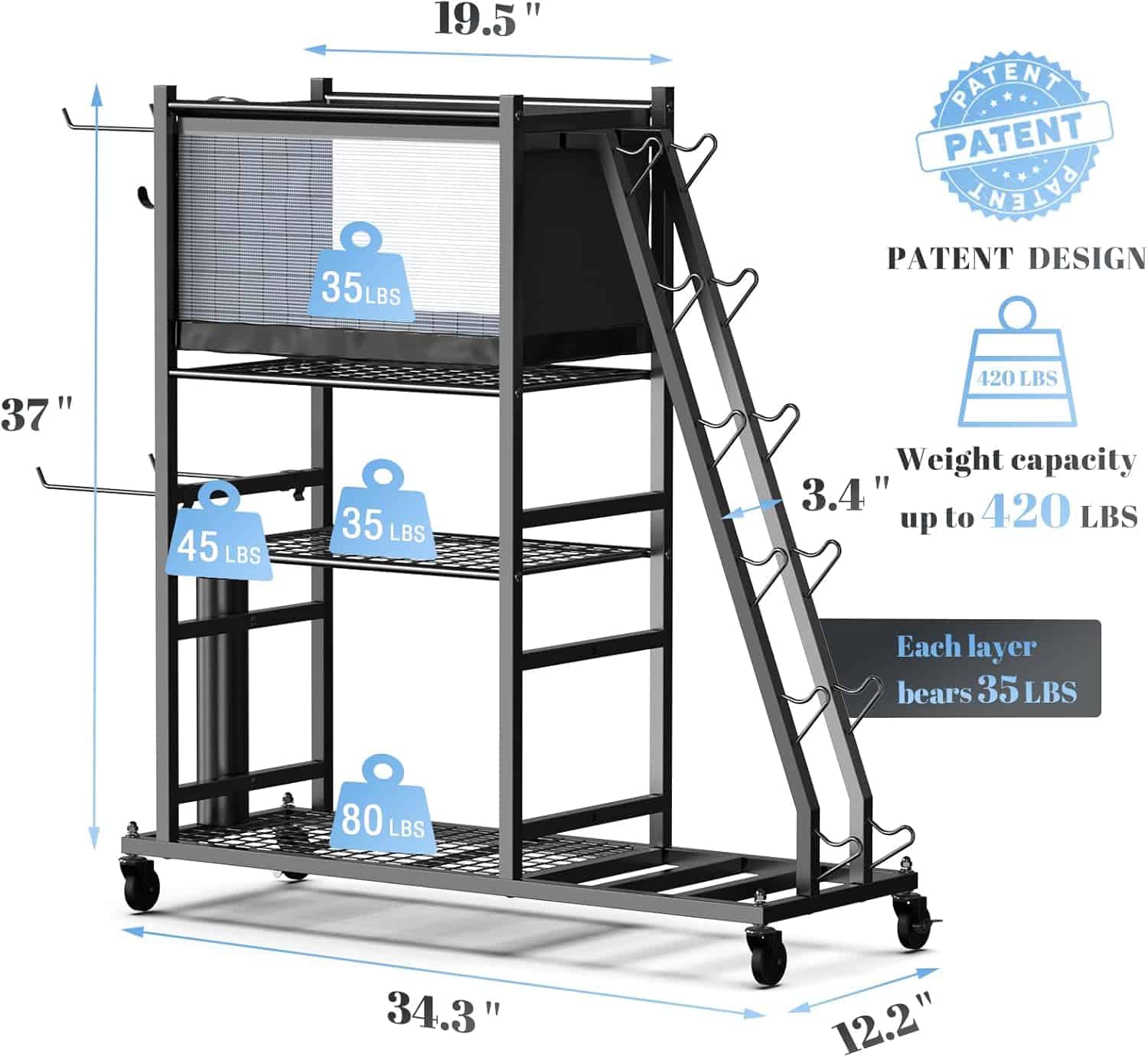 PLKOW All-in-One Home Gym Storage Rack – Dumbbell & Barbell Organizer with Hooks, Wheels, Yoga Mat Holder (550 lb Capacity)