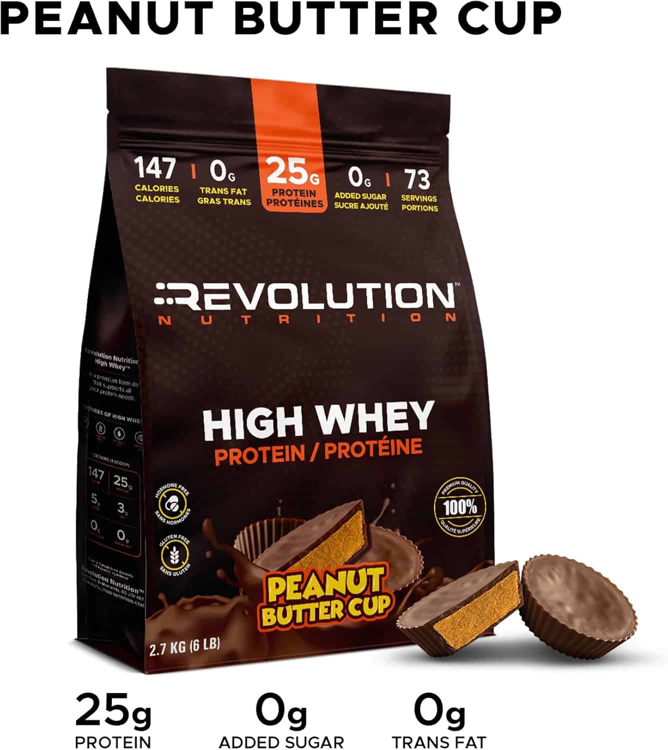 Revolution Nutrition High Whey Protein Peanut Butter Cup package with nutritional information.
