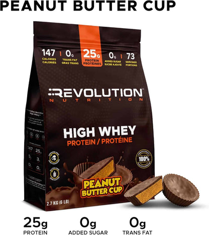 Revolution Nutrition High Whey Protein Peanut Butter Cup package with nutritional information.