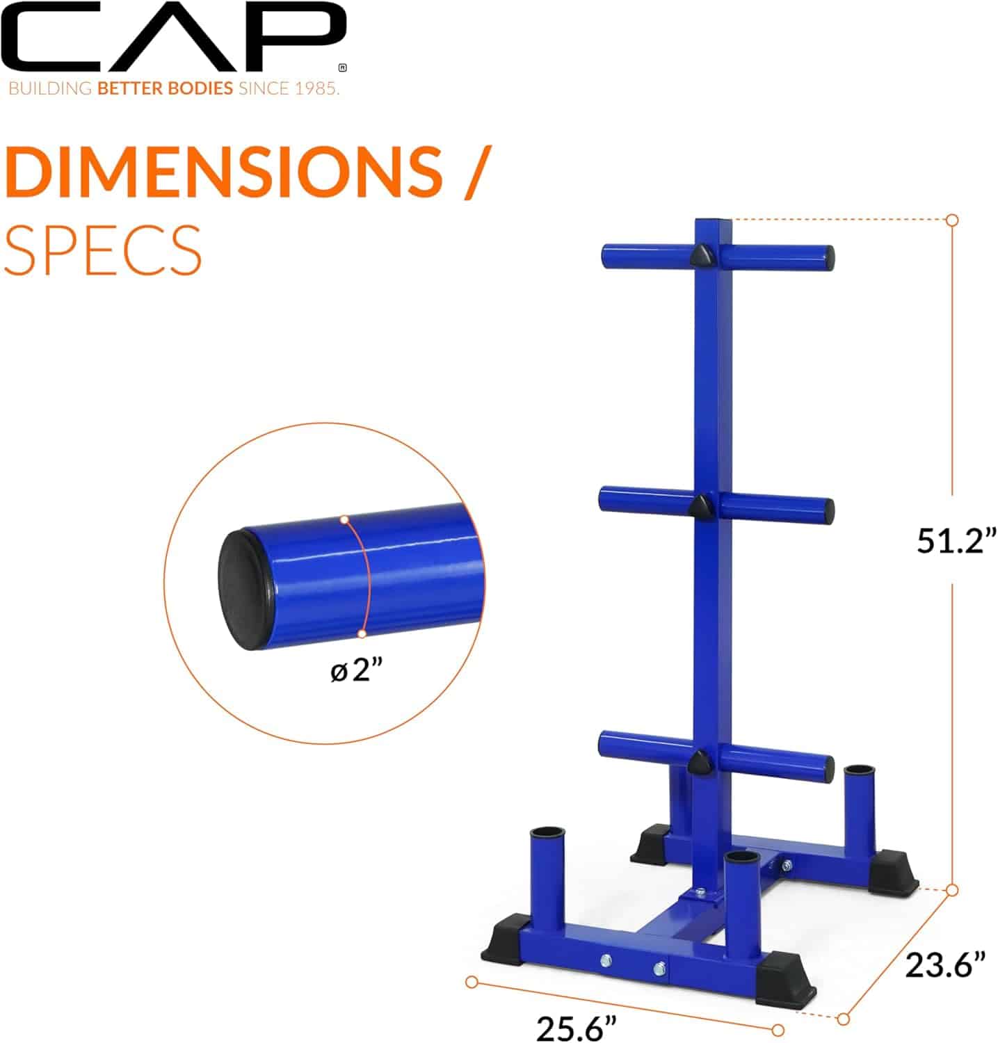 Blue weightlifting stand with dimensions on a white background, featuring CAP logo.