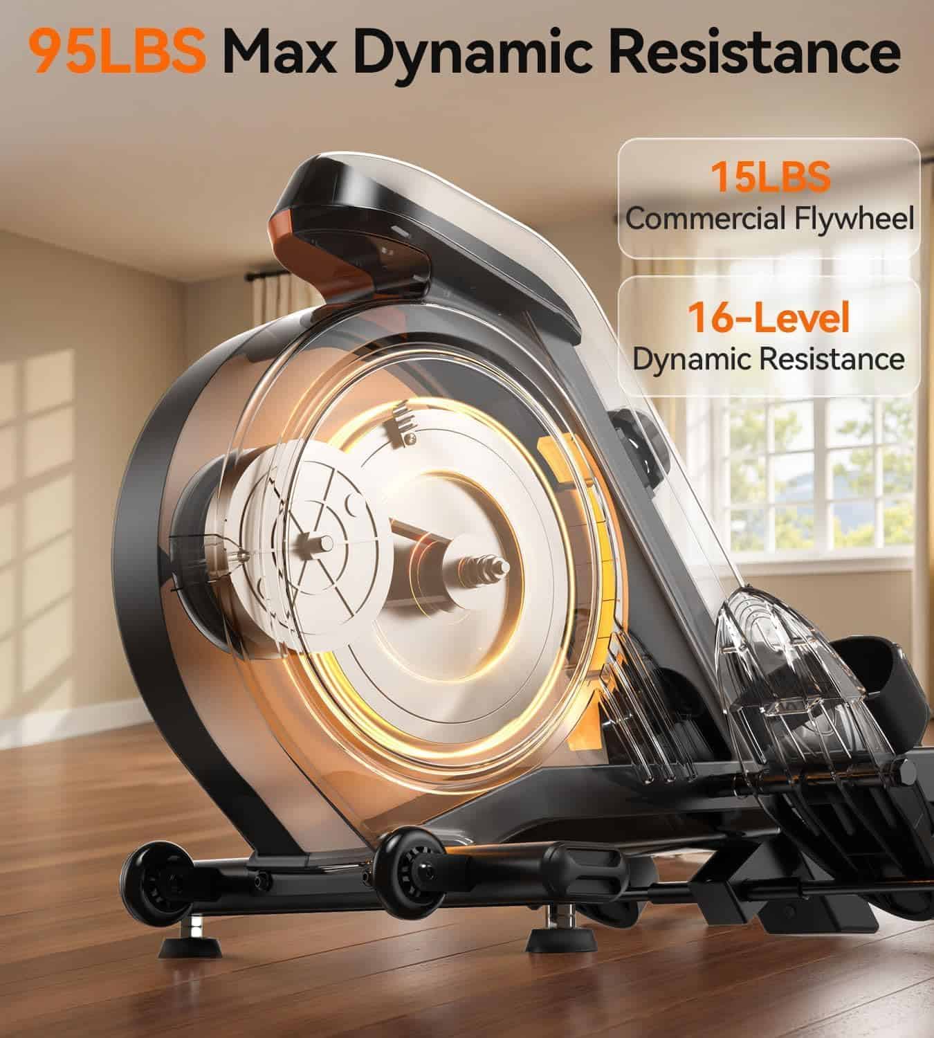 Exercise bike flywheel with dynamic resistance display on a wooden floor.