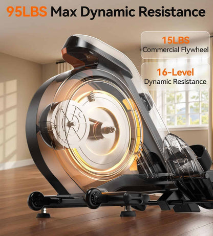Exercise bike flywheel with dynamic resistance display on a wooden floor.