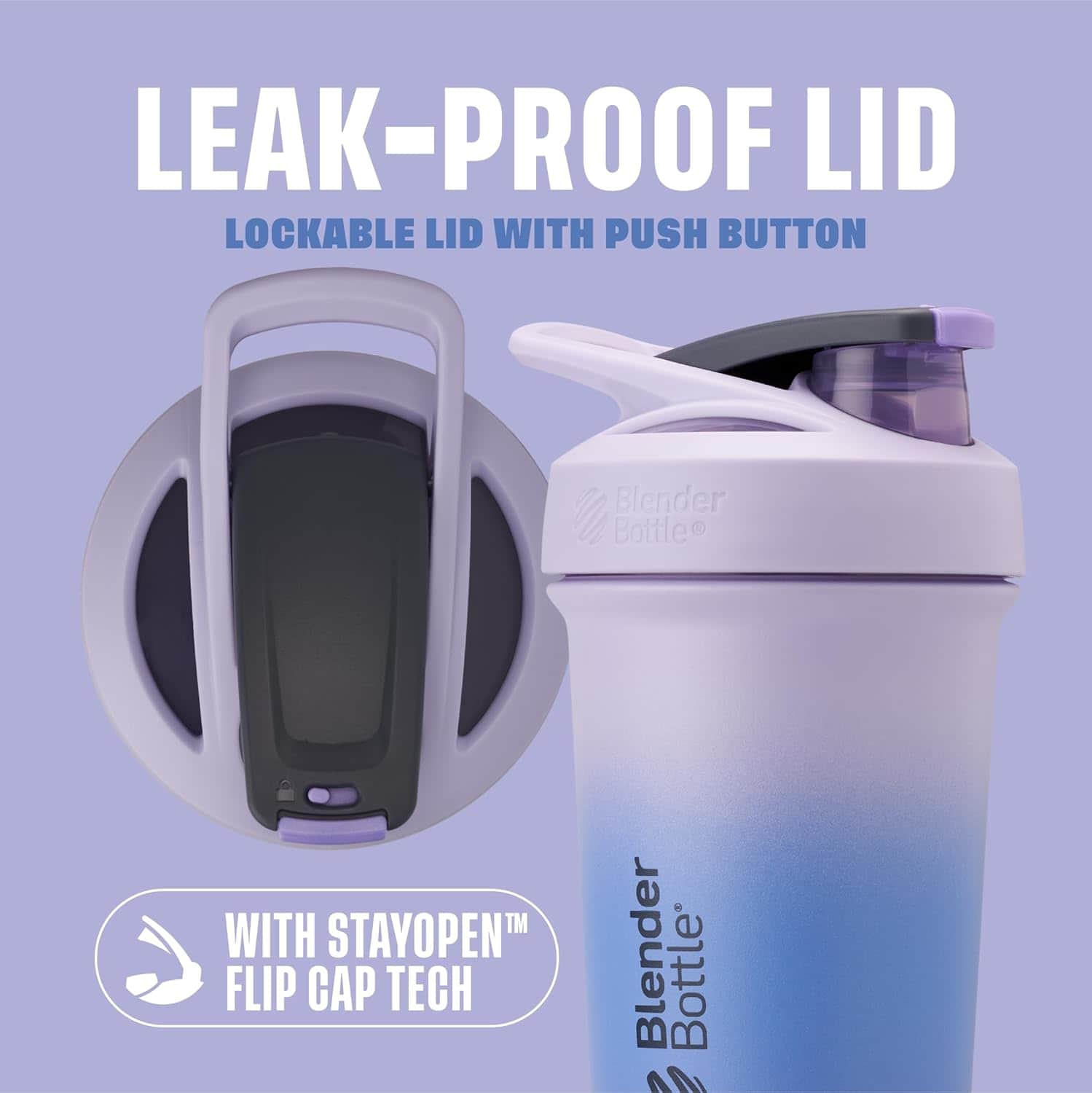 BlenderBottle with leak-proof lid on a purple background