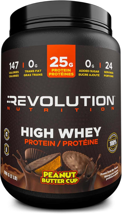 Protein powder container with 'Revolution Nutrition' branding on a black background