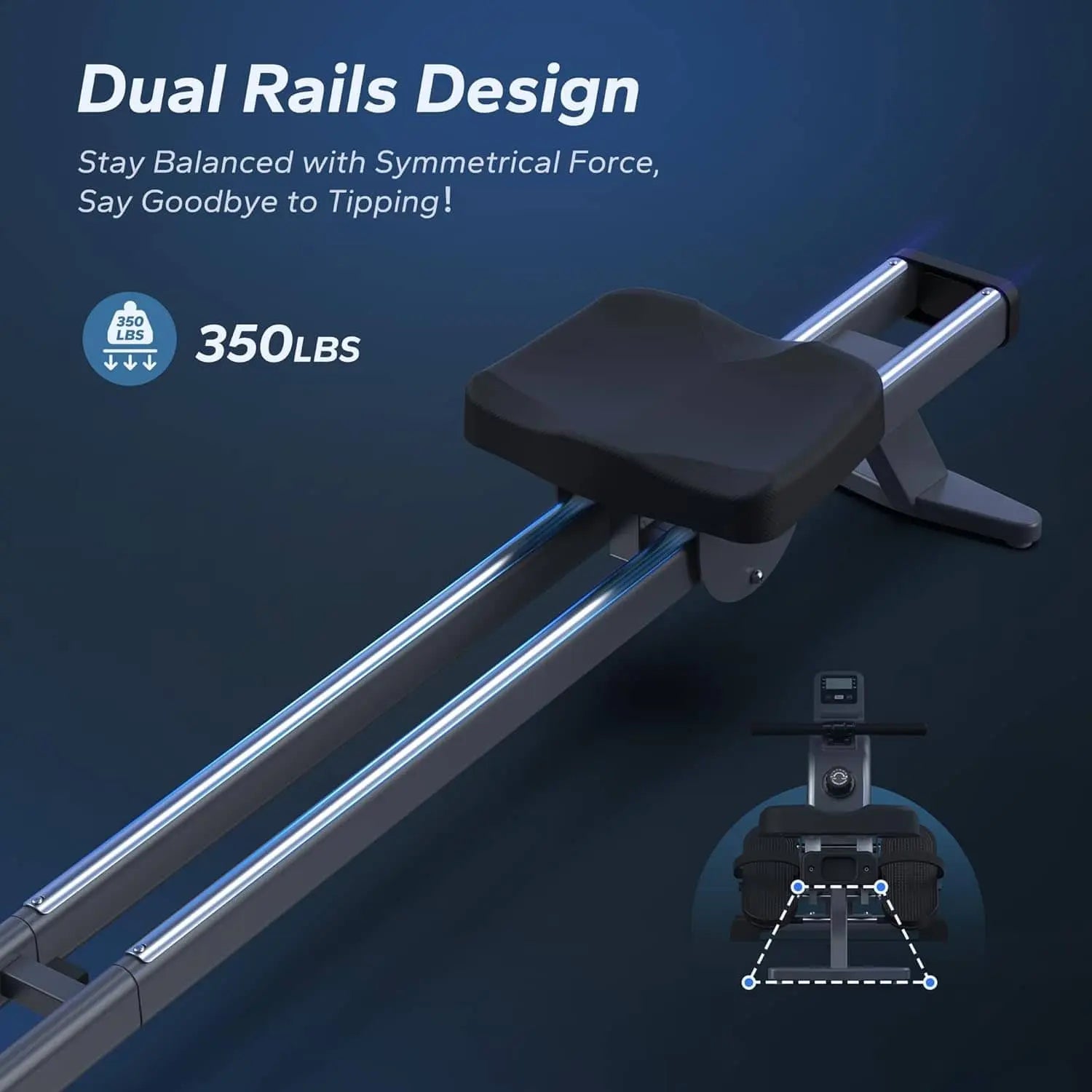 Stable dual-track rail system for smoother rowing