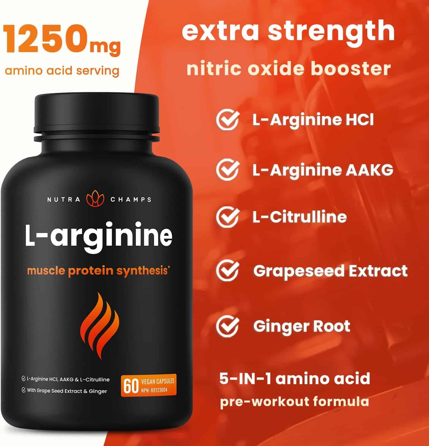 L Arginine Supplement with L-Citrulline – 5-in-1 Nitric Oxide Booster with Grape Seed & Ginger for Blood Flow, Energy & Heart Health – 60 Vegan Capsules by NutraChamps NutraChamps